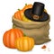 Thanksgiving card.Piligrim hat with bag full orange pumpkins