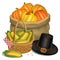 Thanksgiving card. Piligrim hat with bag full orange pumpkins