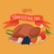 A Thanksgiving card. Roast turkey on a platter with seasonal autumn vegetables and fruits. A ribbon with the words Happy