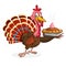 Thanksgiving Cartoon Turkey bird holding fork and pie. Vector illustration of funny turkey character clipart.