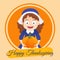 Thanksgiving cartoon vector card with pilgrim girl with pumpkin