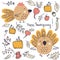 Thanksgiving collection of turkeys, roosters, pumpkins and autumn leaves. Perfect for T-shirt, postcard, textile and print.