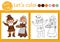 Thanksgiving coloring page for children with pilgrims. Vector autumn holiday outline illustration with first settlers. Adorable