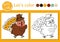 Thanksgiving coloring page for children with turkey. Vector autumn holiday outline illustration with cute bird. Adorable fall
