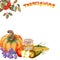 Thanksgiving corner frame. Rowan bunch, pumpkin, grapes, apple, pear, corn and honey