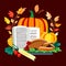 Thanksgiving day. Autumn harvest. Roasted turkey, pumpkins, autumn leaves and apples. Vector illustration. Generative AI