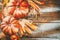 Thanksgiving day background. Orange pumpkins