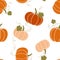 Thanksgiving day background. Vector cartoon illustration, hello autumn. Seamless pattern with cozy orange pumpkins, green pumpkin