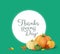 Thanksgiving day beautiful green background with vector pumpkins and autumn leaves. Traditional holiday greeting card