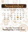 Thanksgiving Day calendar Vector. Turkey, pumpkins background lineart detailed illustrations