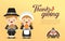 Thanksgiving day - cartoon pilgrim couple holding pumpkin & roasted turkey with turkey bird