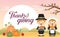 Thanksgiving day - cartoon pilgrim couple holding roasted turkey & pumpkin on autumn background