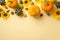 Thanksgiving day concept. Top view photo of sunflowers vegetables pumpkins pattypans walnuts and physalis on isolated beige