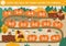 Thanksgiving Day counting dice board game for children with cute turkey driving a car with pumpkins. Autumn holiday boardgame with