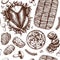 Thanksgiving day dishes seamless pattern. Roasted turkey, rolled meat, gratin, mashed potato, suffered pepper sketches.