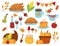 Thanksgiving day elements set. Turkey, pie, cornucopia, corn, wine, candles, garland, honey. Basket pumpkins. Happy Thanksgiving d