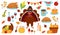 Thanksgiving day elements set. Turkey in pilgrim hat. Pie, cornucopia, corn, wine, candles, garland, honey. Basket pumpkins