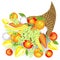 Thanksgiving Day. A generous harvest of fresh fruits and vegetables. In the cornucopia, apples, bananas, grapes, persimmons,