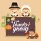 Thanksgiving day greeting card - cartoon pilgrim couple with thanksgiving sign