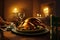 Thanksgiving Day in New York. Christmas dinner with a turkey in a cozy house. Holiday. Illustration for advertising postcards and