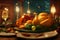 Thanksgiving Day in New York. Christmas dinner with a turkey in a cozy house. Holiday. Illustration for advertising postcards and