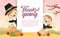 Thanksgiving day poster - cartoon pilgrim boy & girl with pumpkins on fall background