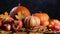 Thanksgiving Day. Table decorated with pumpkins, apple spikelets and autumn leaves. Video 4k