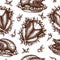 Thanksgiving day Turkey seamless pattern. Roasted turkey with vegetables, rolled meat sketches. Traditional american meat dishes