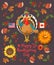 Thanksgiving day. Vector greeting card with turkey, with autumn fruit, vegetables, pumpkins, leaves and flowers. Harvest festival