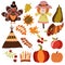 Thanksgiving Day vector set with turkey, pumpkins, fall leaves, berries,scarecrow, wigwam, indian decoration. Holiday flat