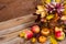 Thanksgiving decoration with golden pumpkin and fall leaves