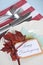 Thanksgiving dining table place setting in modern pale blue, red and white theme - closeup.