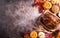 Thanksgiving dinner background concept with turkey roasted and all sides dishes, fall leaves, pumpkin and seasonal autumnal decor