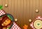 Thanksgiving dinner background with turkey and all sides dishes, pumpkin pie, fall leaves and seasonal autumnal decor on wooden