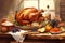 Thanksgiving dinner concept. Delicious turkey meal with pumpkin, mash potatoes with plates and cutlery on rustic wooden table.