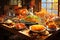 Thanksgiving dinner concept. Delicious turkey meal with pumpkin, mash potatoes with plates and cutlery on rustic wooden table.