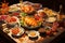 Thanksgiving dinner concept. Delicious turkey meal with pumpkin, mash potatoes with plates and cutlery on rustic wooden table.