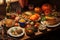 Thanksgiving dinner concept. Delicious turkey meal with pumpkin, mash potatoes with plates and cutlery on rustic wooden table.