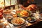 Thanksgiving dinner concept. Delicious turkey meal with pumpkin, mash potatoes with plates and cutlery on rustic wooden table.