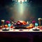 Thanksgiving dinner with roasted turkey, pumpkins, cornucopia and candles. AI generated