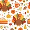 Thanksgiving dinner seamless pattern with turkey, pumpkin pie slice, pumpkin spice latte, autumn leaves, sunflower