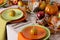 Thanksgiving dinner. Seasonal table setting with autumn leaves,