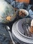 Thanksgiving dinner still life with dishes. Vertical