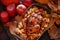 Thanksgiving Dinner. Thanksgiving table served with turkey, decorated with bright autumn leaves.