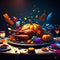 Thanksgiving dinner with turkey, pumpkins and autumn leaves on wooden table Generative AI