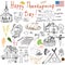 Thanksgiving doodles set. Traditional symbols sketch collection, food, drinks, turkey, pumpkin, corn, wine, wheet, vegetables