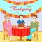 Thanksgiving Family Gala Dinner, colorful cartoon hand drawing. Mom, dad and son are sitting behind a table covered with festive