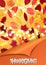 Thanksgiving flyer or poster. Fall traditional american holiday. Background with maple and oak leaves and glowing lights garland u