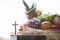 Thanksgiving fruit decoration and background with cross and bible