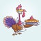 Thanksgiving funny cartoon turkey cook serving pumpkin pie